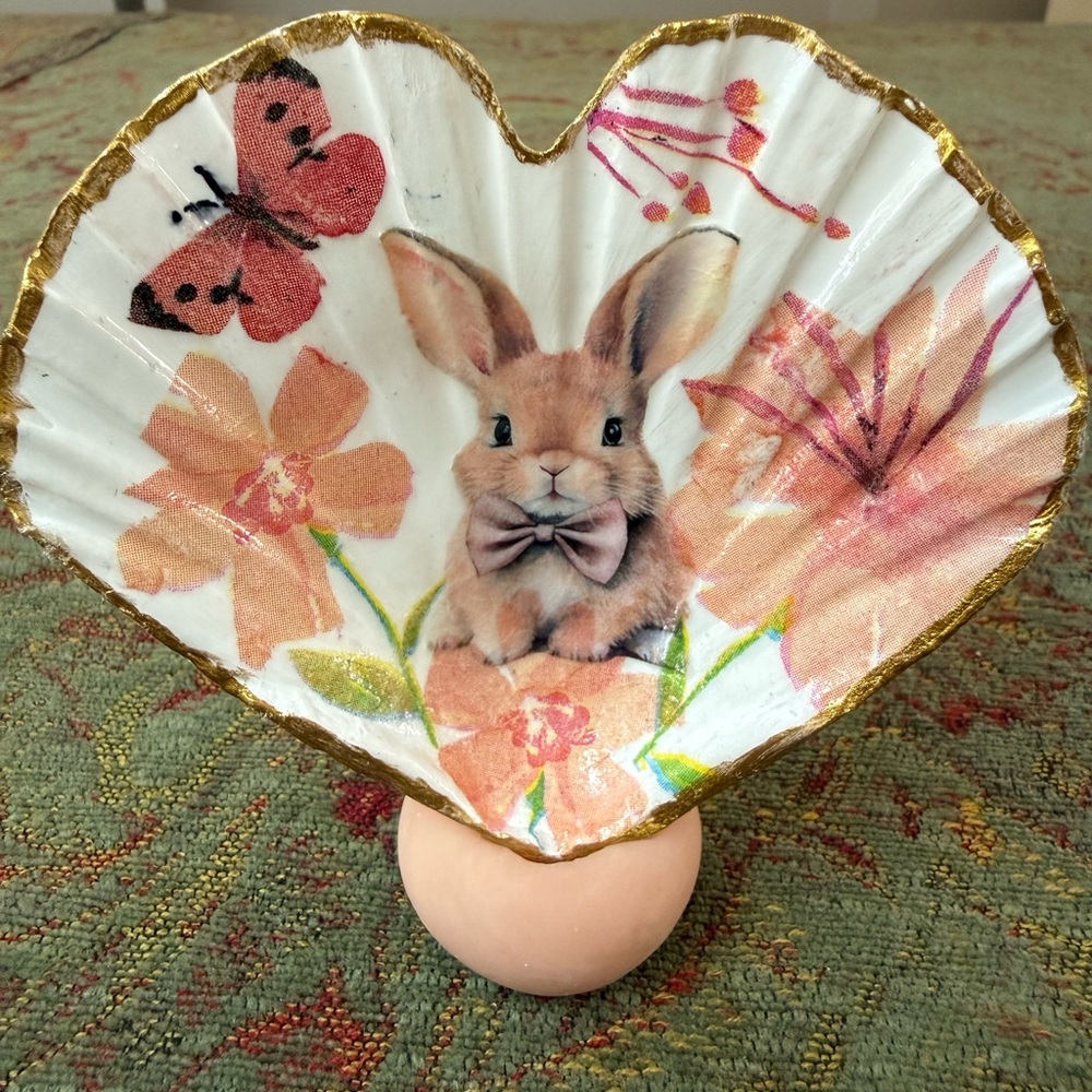 Floral Bunny Decorative heart shell  with Gold Trim